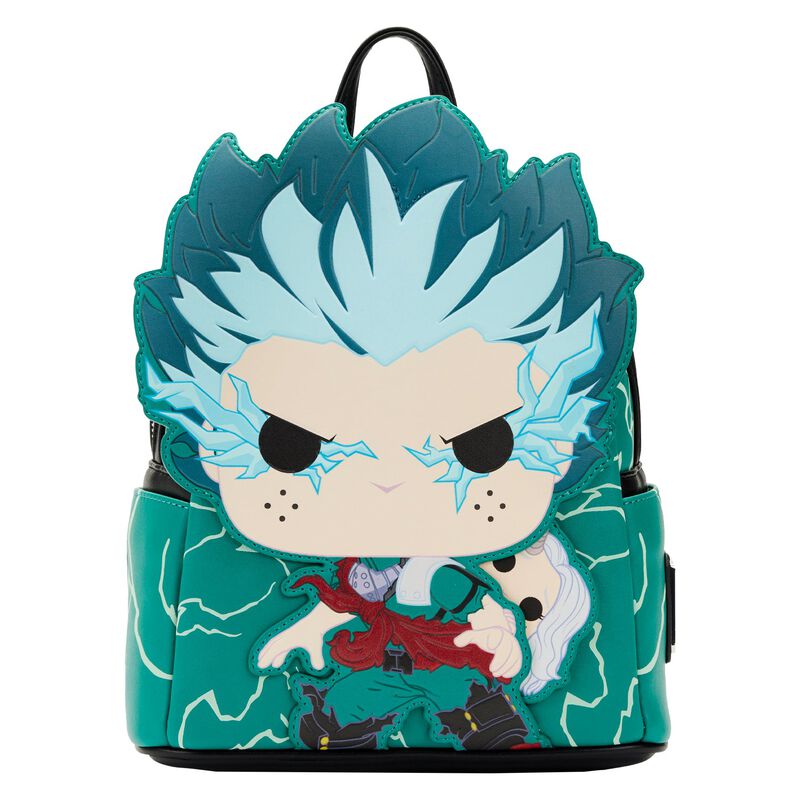 teal backpack featuring Deku from My Hero Academia in Pop! style art with Eri peeking out behind him. They're surrounded by glow-in-the-dark lightning.